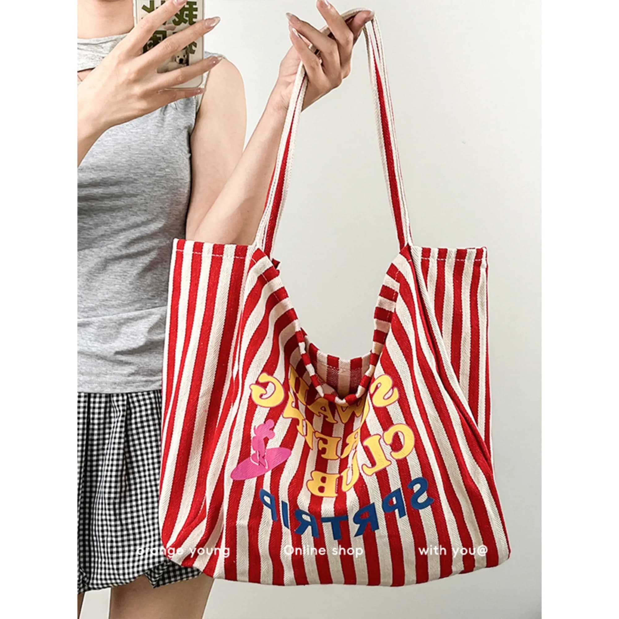 Summer Striped Letter Print Tote Bags Female Casual Canvas Large Capcity Simple Shoulder Bags for Commuter Shopping Handbag