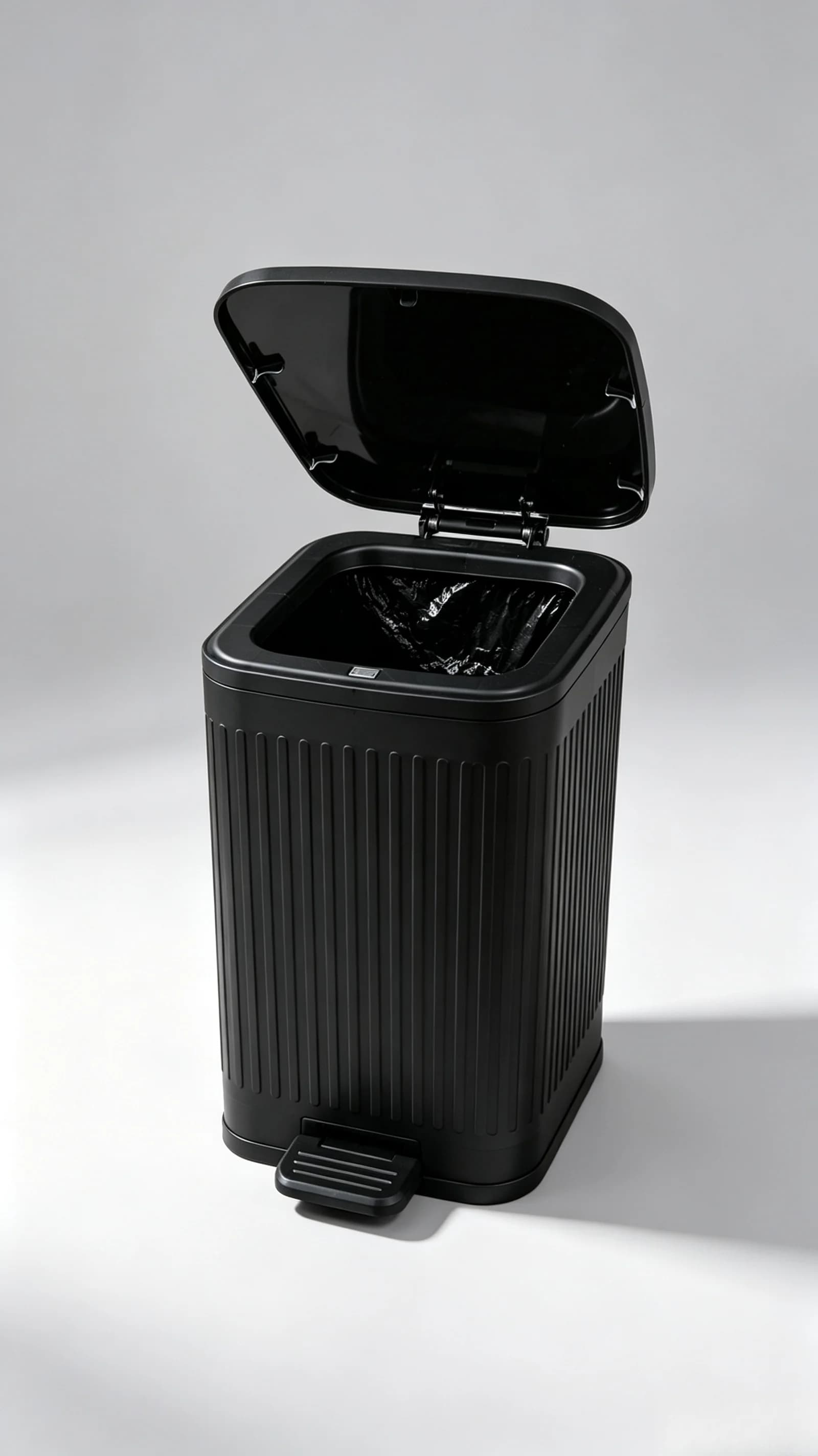 Apartment Dorm Essential Square Pedal Trash Can, Vertical Ribbed Matte Plastic Waste Bin with Bag Fixing Rim, Dual Foot & Press Lid, Odor Blocking Household Garbage Bin for Bedroom, Bathroom & Home Office
