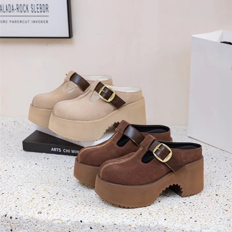 Ciabatte da Donna con Tacco Alto 9cm, Plateau Primaverile, Slip-On in Vera Pelle, Ciabatte da Donna a Punta Chiusa, Mules Comode da Donna