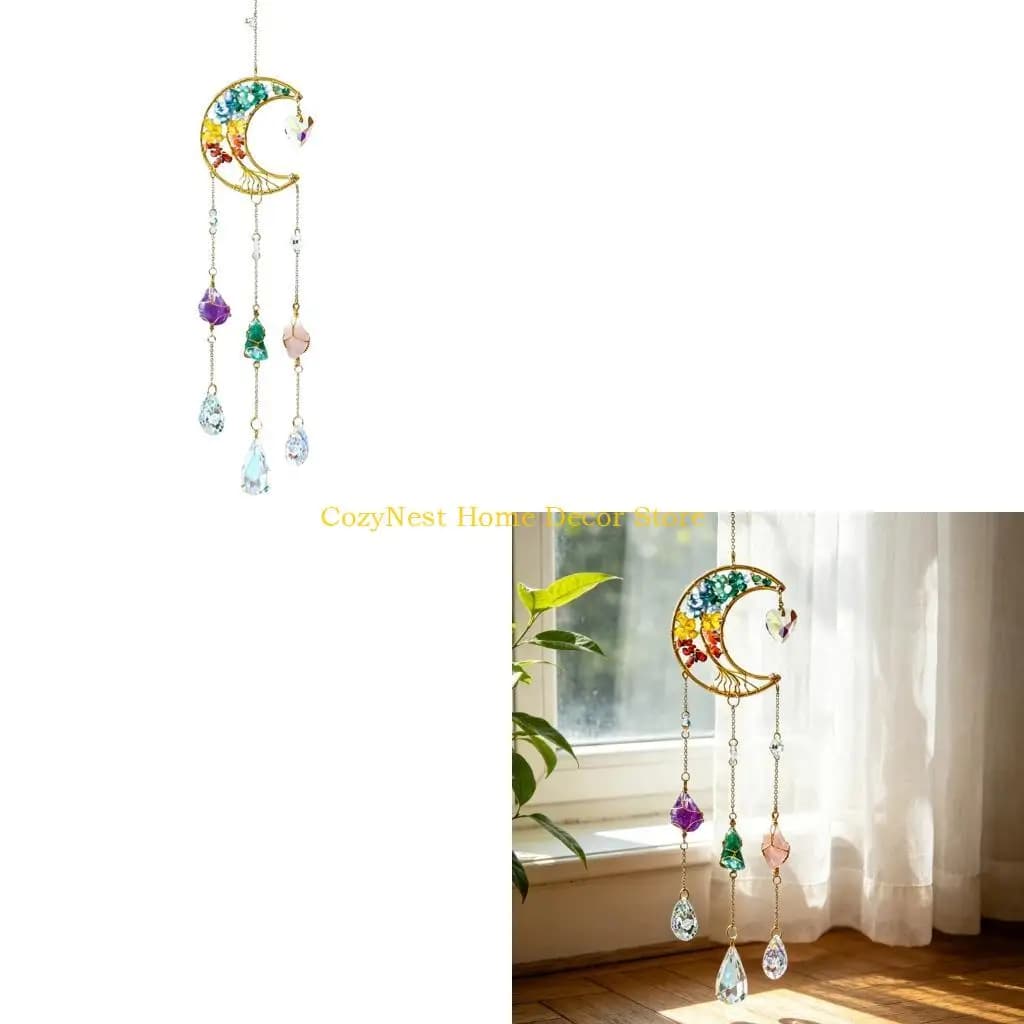 92MF Reflective Wind Chimes Crystal Moon Suncatchers For Car Home Garden Hanging Decors