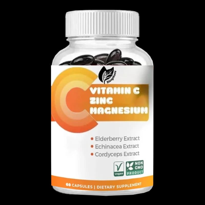 Vitamin C support supplement, containing elder berries, magnesium, zinc and herbal defense complex, 60 capsules