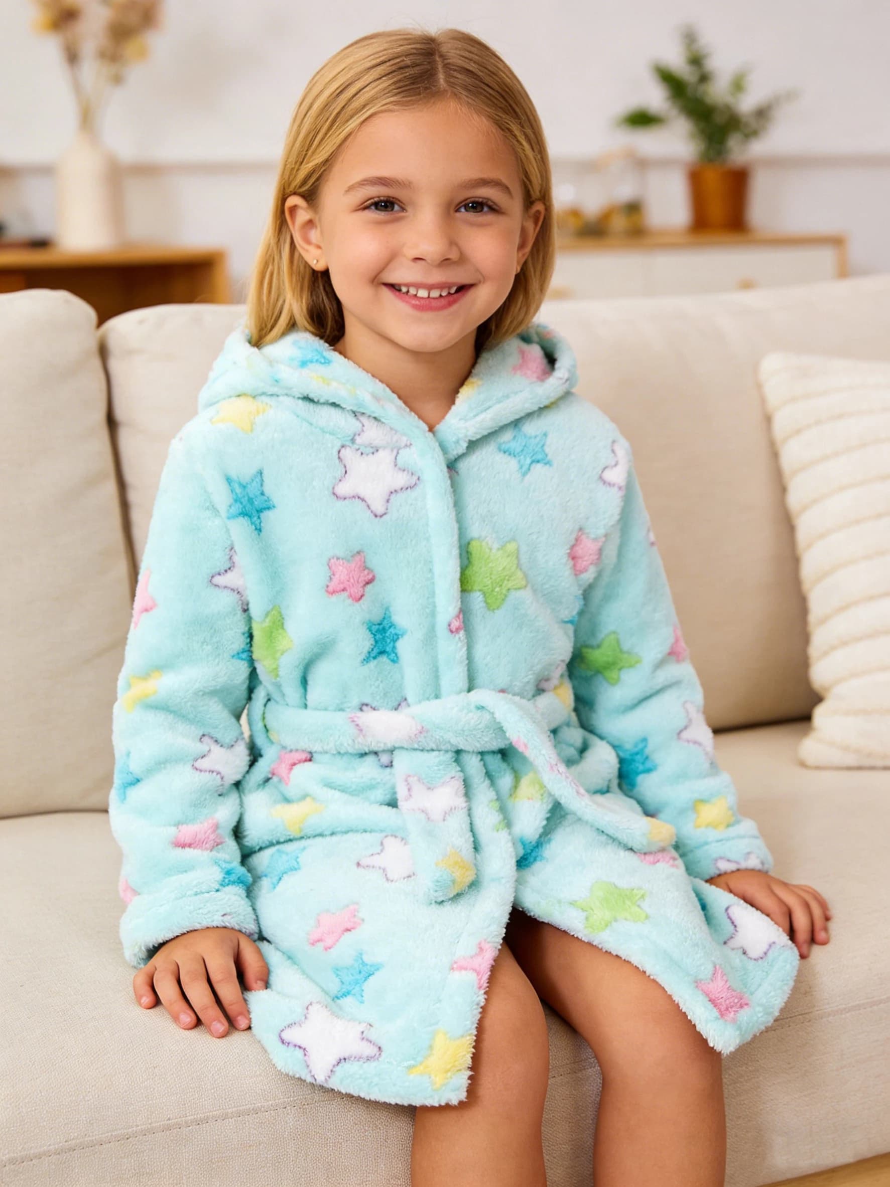 Accappatoio da ragazza Autunno/Inverno Accappatoio stampato con stelle colorate per bambini Pigiama per bambini carino con cappuccio a maniche lunghe