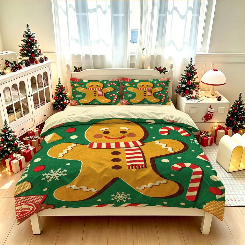 Christmas Duvet Cover Set 3Pcs Cute Gingerbread Man Candy Cane Print Soft Microfiber Bedding with Pillowcases