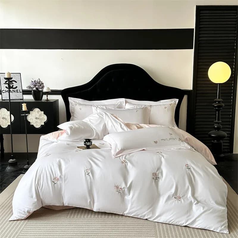 Elegante Set di Biancheria da Letto in Stile Francese 100% Cotone, Copripiumino con Ricamo a Rose, Lenzuolo Piatto/Con Angoli, Federe, Set per Letto Matrimoniale o King Size
