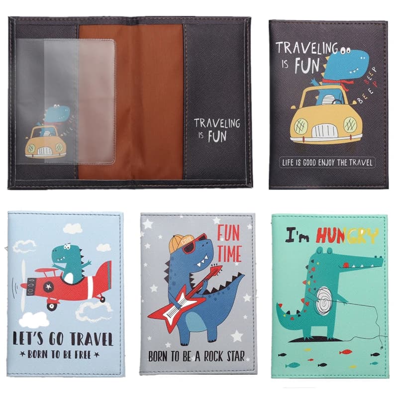 Porta passaporto per cartoni animati Organizzatore per custodia per passaporto da viaggio con motivo dinosauro alla moda con tasca per slot per carte di credito ID in pelle PU
