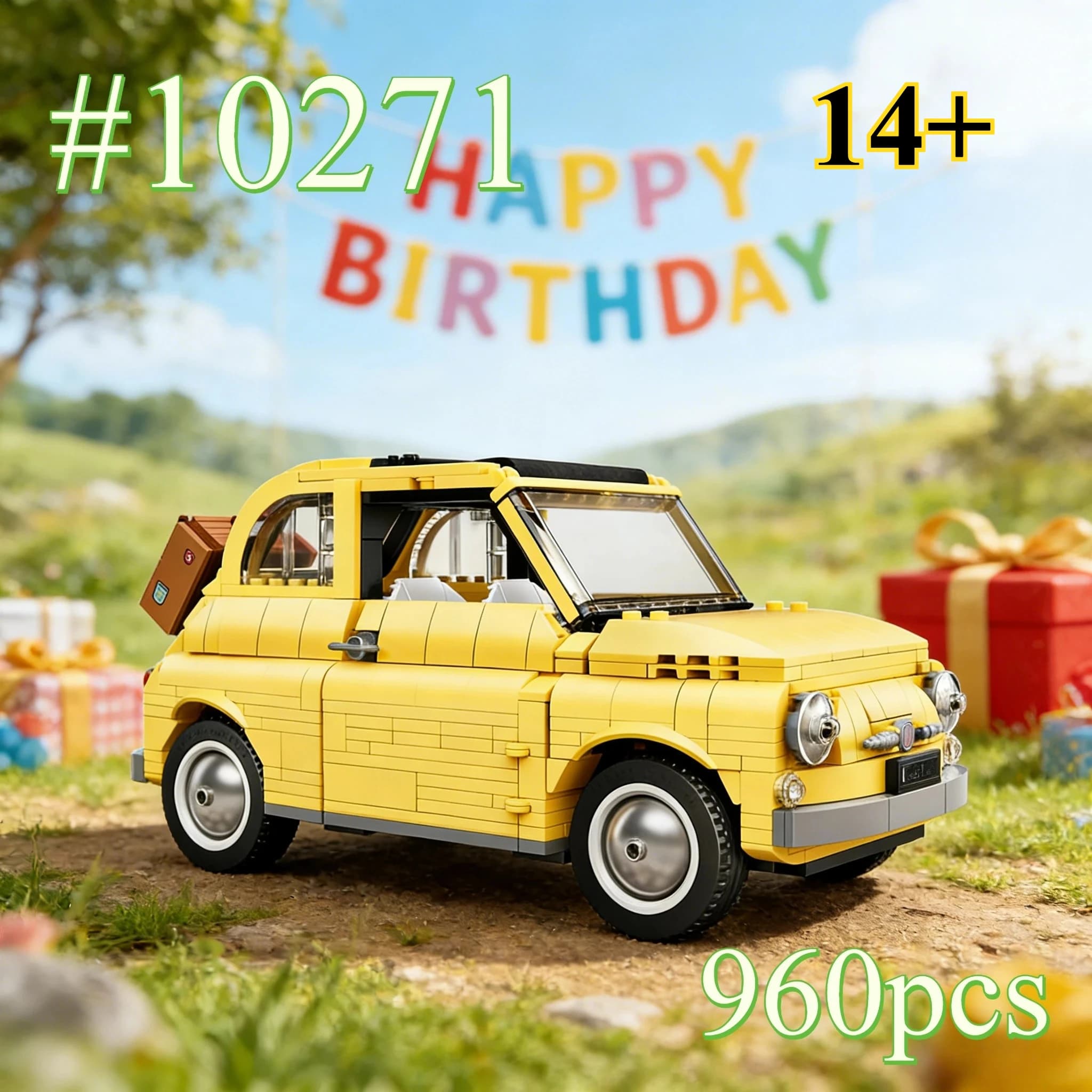 Una macchina gialla con un cavalletto, set di blocchi da costruzione 10271, adatti per regali di compleanno, compatibili con i pezzi Lego, 960 pezzi.
