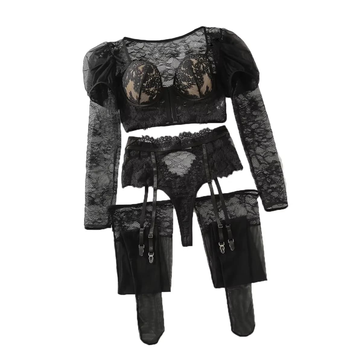 2026 Sexy Perspective Lace Slimming Long Sleeve Catching Sexy Pair with Hanging Socks Underwear Split Set