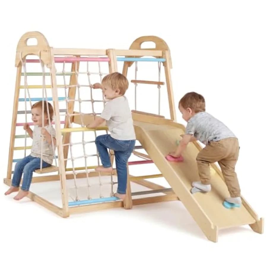 Parco Giochi Interno 8-in-1 Montessori con Scivolo, Altalena, Canestro da Basket, Barre per Arrampicata, Rete e Scala