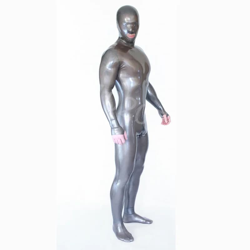 Catsuit aderente in lattice da uomo fetish con cappuccio separato Guanti senza dita Calzini Occhi volanti con tuta in gomma con cerniera sul cavallo