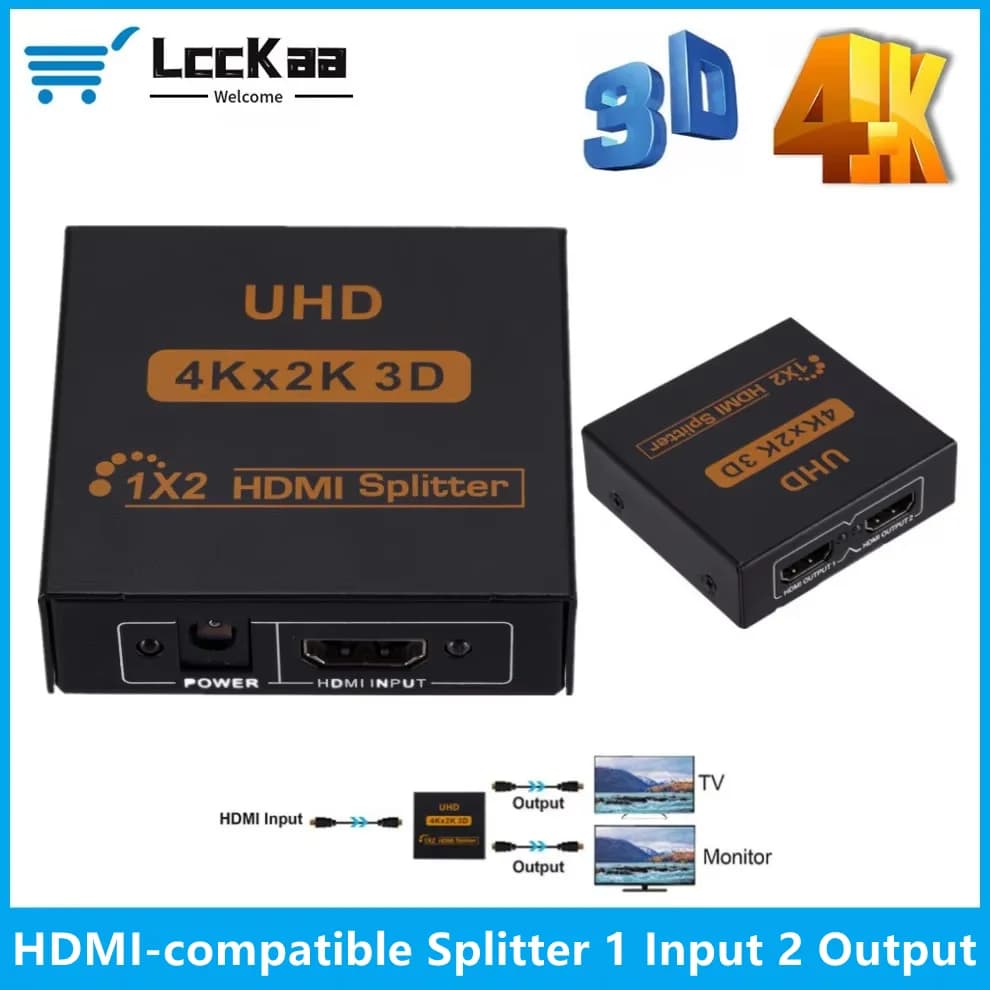 LccKaa 1 in 2 out Splitter compatible HDMI UHD 4K 3D HDMI Splitter 1X2 Audio Video Splitter for HDTV DVD Laptop/PC Game Console