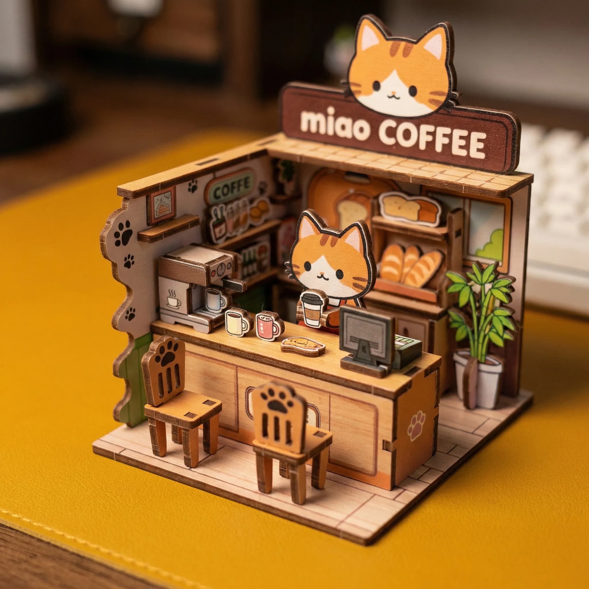 Casetta delle Bambole in Miniatura in Legno, Caffetteria per Gatti, Panda Bamboo Mart, Puzzle 3D da Costruire, Ornamenti Artigianali, Decorazione per la Famiglia
