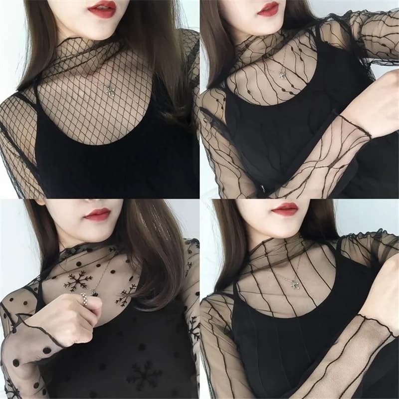 Camicia da donna in pizzo traforato a maniche lunghe, top trasparente sexy a rete, camicia intima in pizzo nero, stile casual