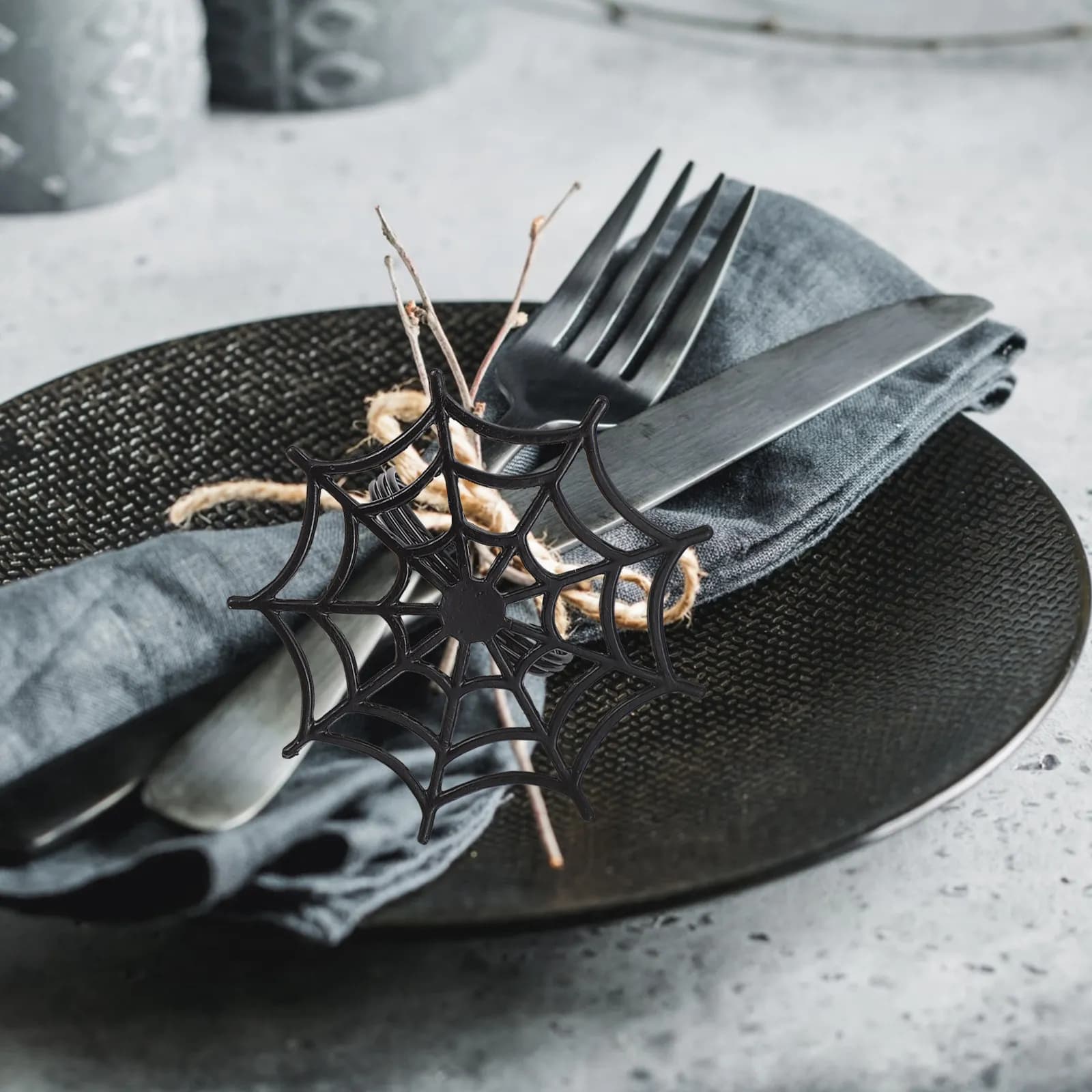 8Pcs Halloween Spider Web Napkin Ring Black Festive Table Decor Exquisite Detail Desktop Ornament for Thanksgiving Birthday