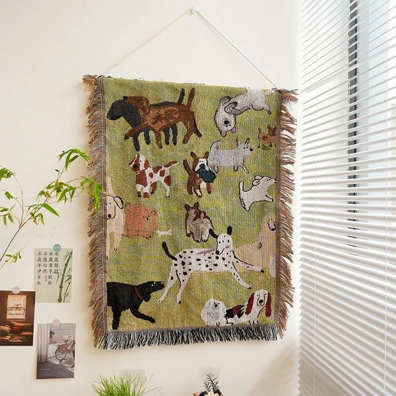Coperta estetica da campeggio Copridivano Coperta per pisolino Coperta da campeggio esterna Decorazione lavorata a maglia Modello tigre e cane Arazzo Verde primaverile