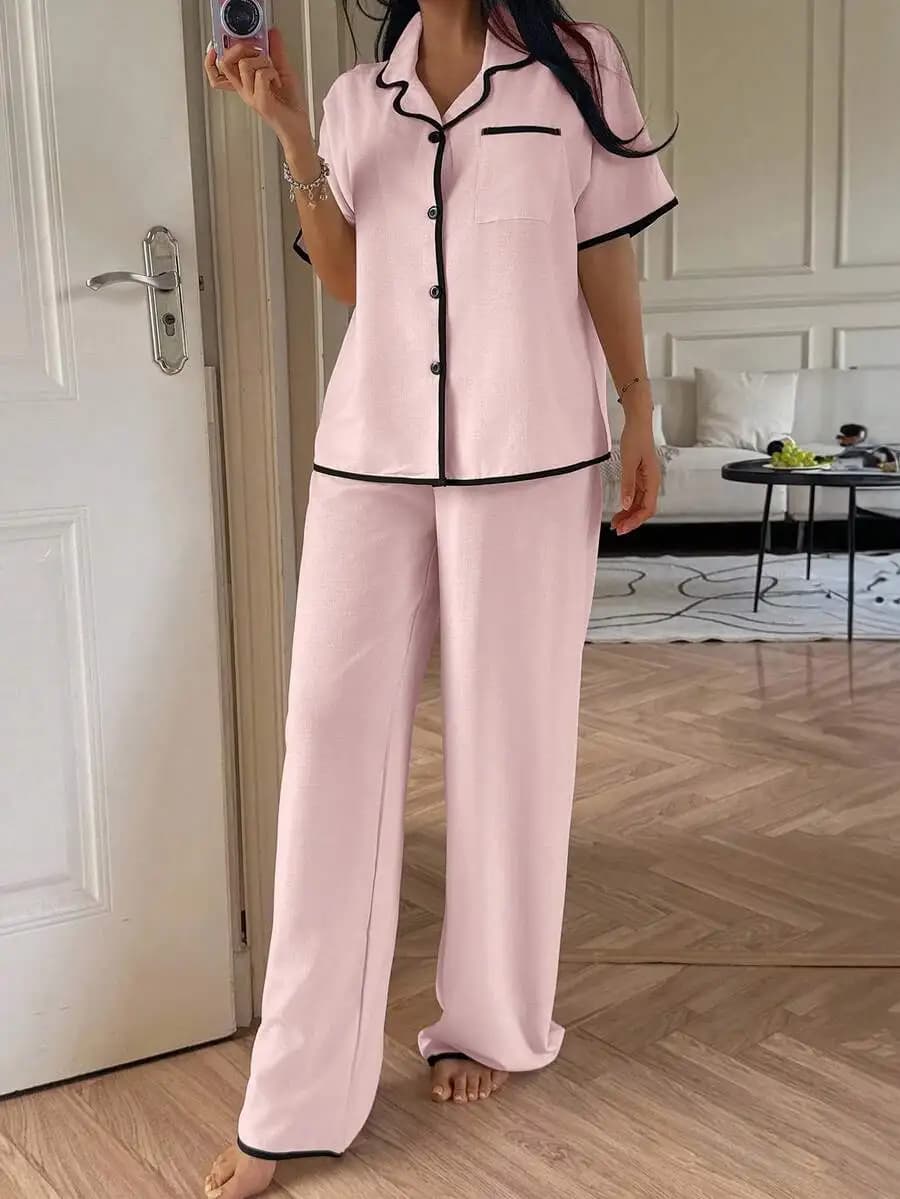 Pink Contrast Trim Lapel Short Sleeve Pajama Set Women Loose Comfortable Sleepwear