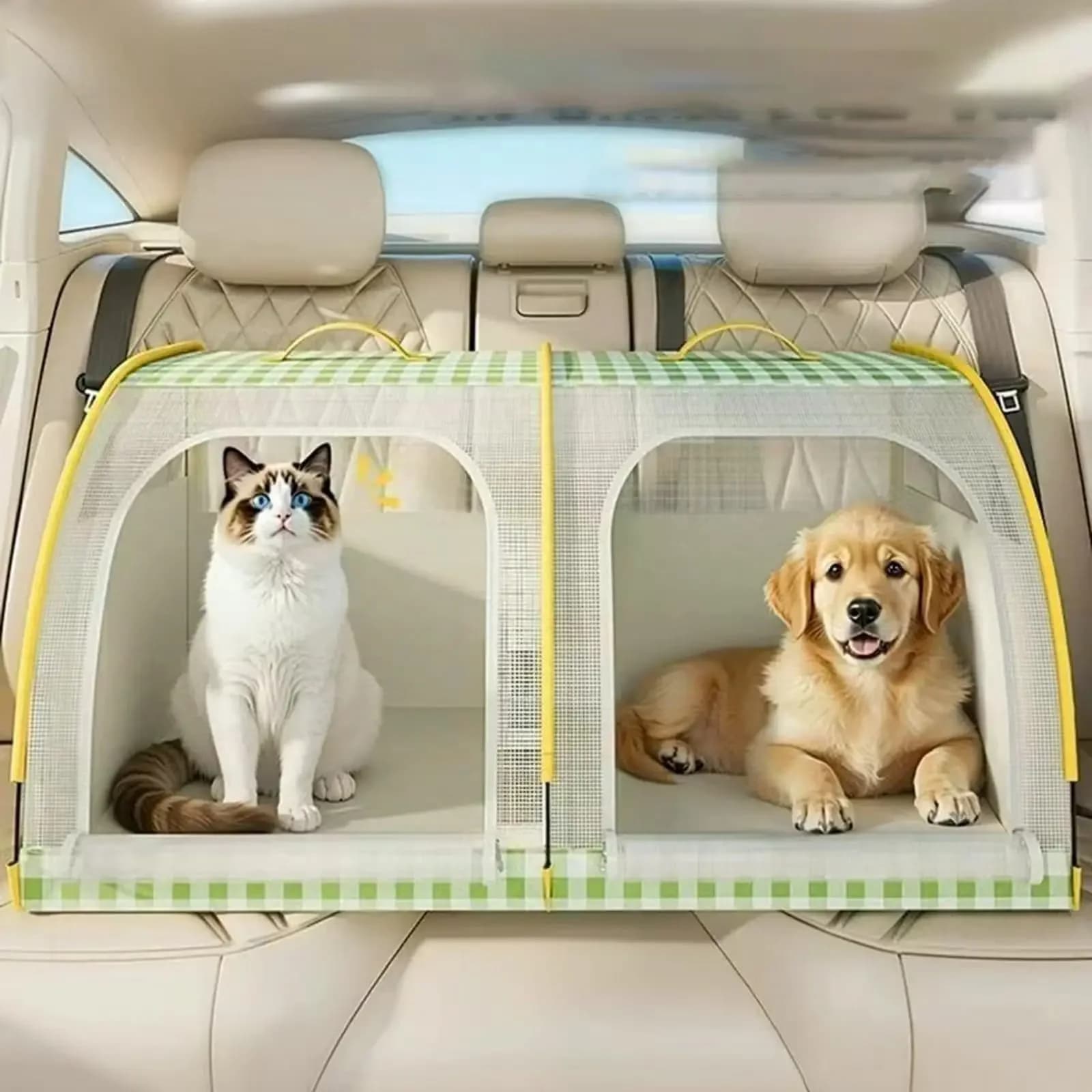 Trasportino da auto per 2 animali domestici, ventilato e traspirante, lettino portatile per cani e gatti, design anti-svolo di peli per viaggi all'aperto