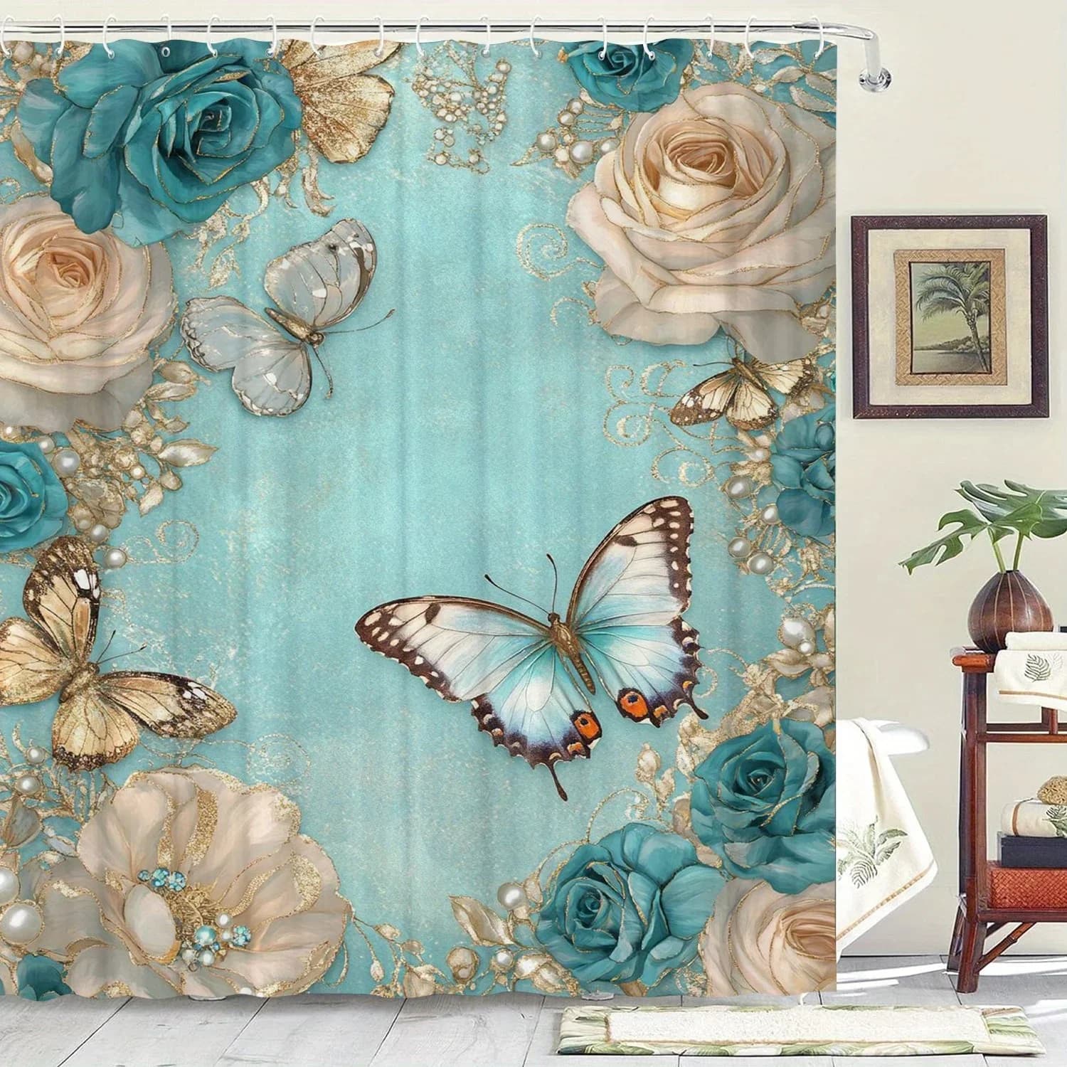 Tenda da doccia impermeabile, design a farfalla e motivo floreale, tenda da bagno in tessuto non tessuto a tema artistico con ganci lavabile in lavatrice