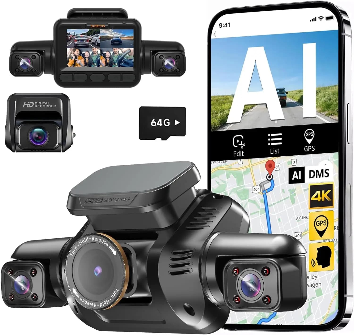 4K 360° AI Dash Cam Front Rear Inside, 4 Channel Car Camera with DMS, WiFi GPS, Night Vision, 24H Parking, 64GB SD Card