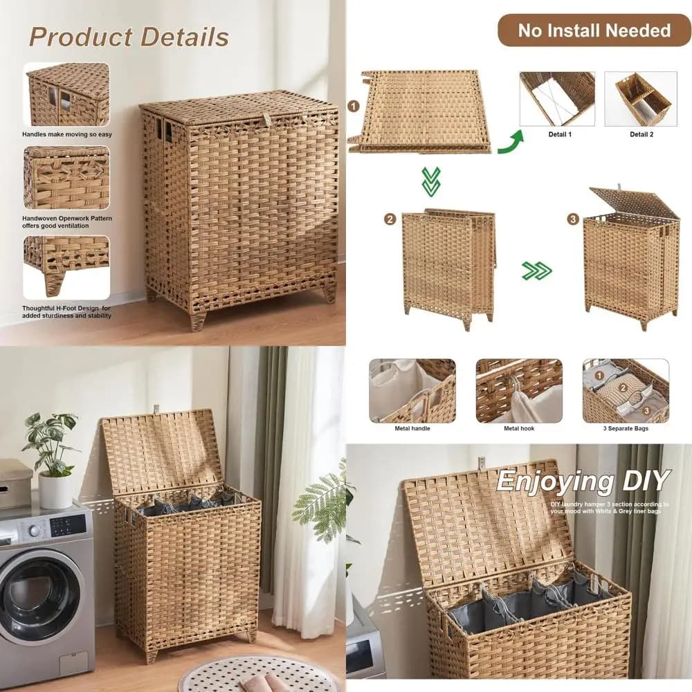 Large 190L to 3 sections with 6 removable containers and 3 mesh sacks, hand-woven rattan, natural, easy to mount