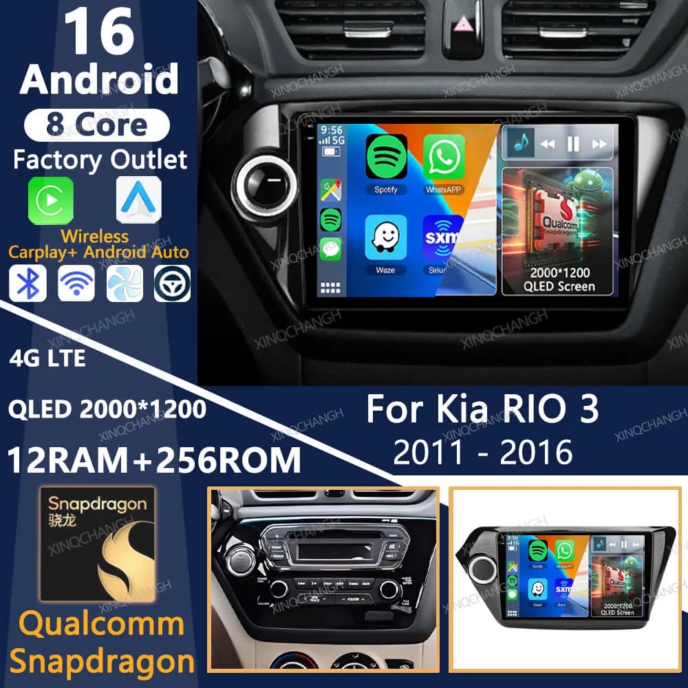 Autoradio Android 16 for Kia RIO 3 2011-2016, Multimedia player Video 4G WIFI QLED GPS Carplay Auto Qualcomm Head Unit BT 2DIN