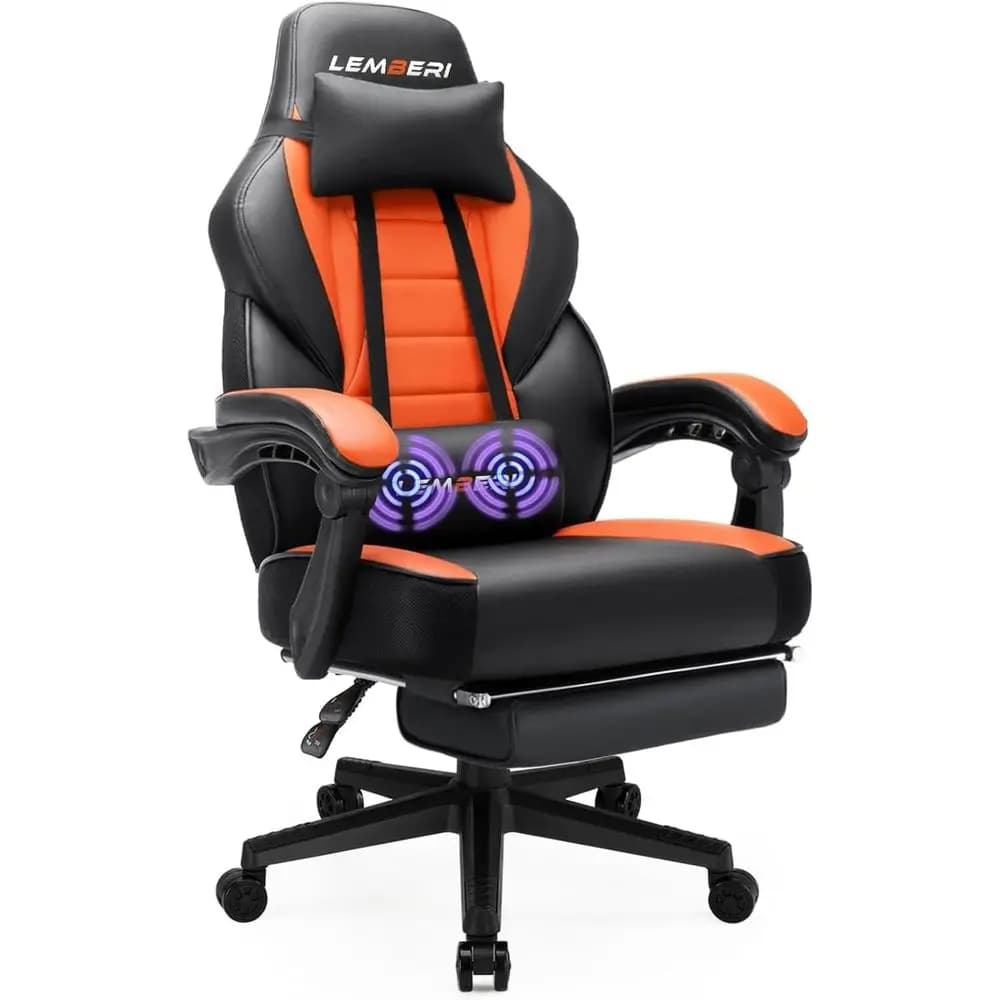 Heavy-Duty 400lb Gaming Chair: Wide Seat, High Back, Reinforced Footrest, Linkage Armrests, Thick Steel Frame, PU Leather, Orang