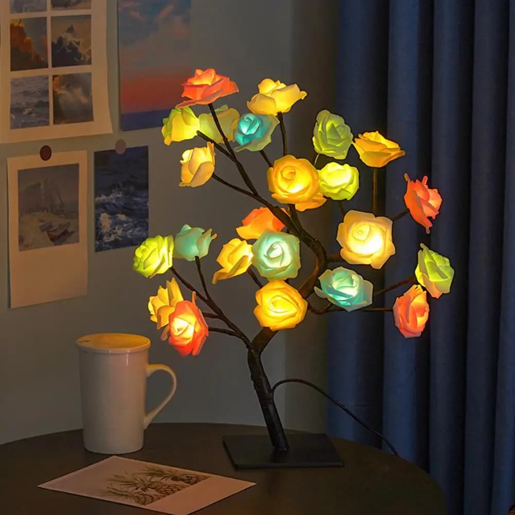 Safe Pet-friendly Lamp Usb Powered Led Rose Flower Tree Lamp Artificial Bonsai Night Light Decorative Table Lamp for Bedroom