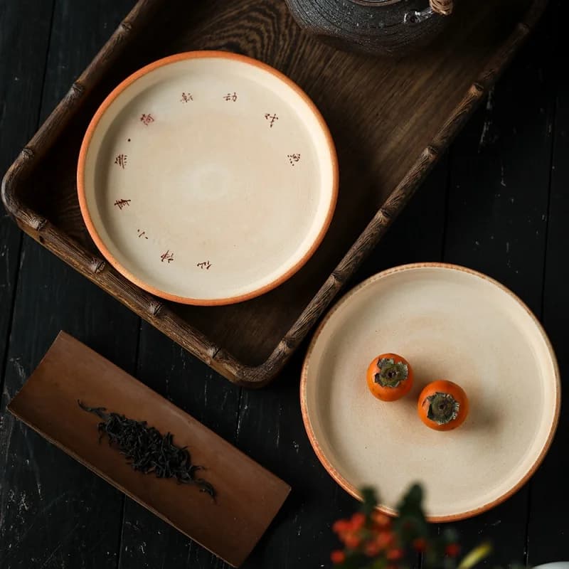 ★Handmade Calligraphy National Fashion Small Tea Set Tray Refractory Mud Pot Tray Drain Teapot Platform Retro round Teapot Mat