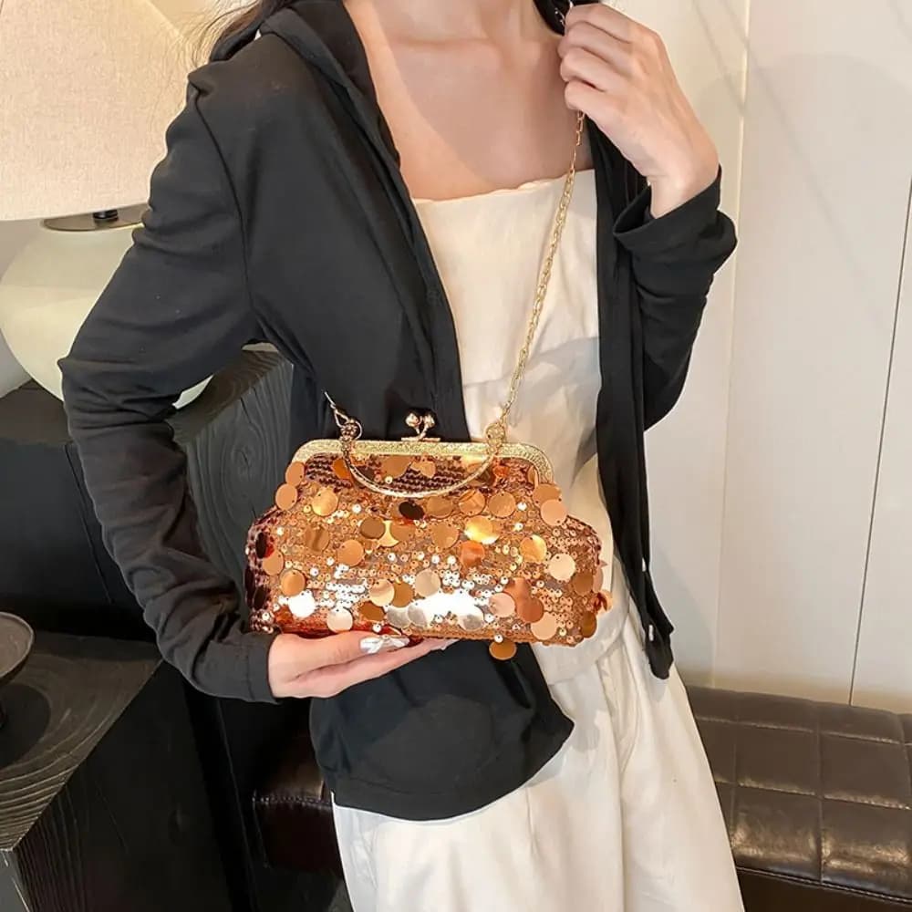 Shiny Evening Banquet Bag Lock Buckle Glitter Chain Crossbody Bag Single Shoulder Korean Style Sequin Shoulder Bag Ladies