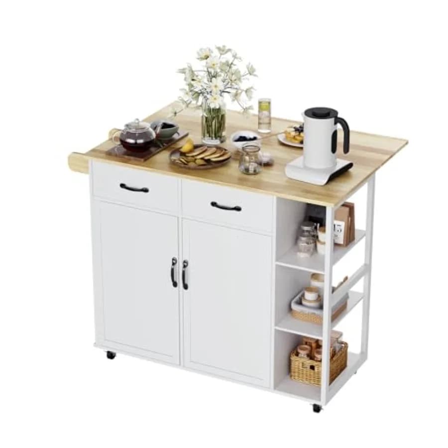 Carrello da Cucina con Ruote e Piano Ribaltabile - Armadietto a 2 Ante, 2 Cassetti, Porta Spezie a 3 Livelli, Portasciugamani e Tavolo da Bar, Ampio Spazio di Stoccaggio