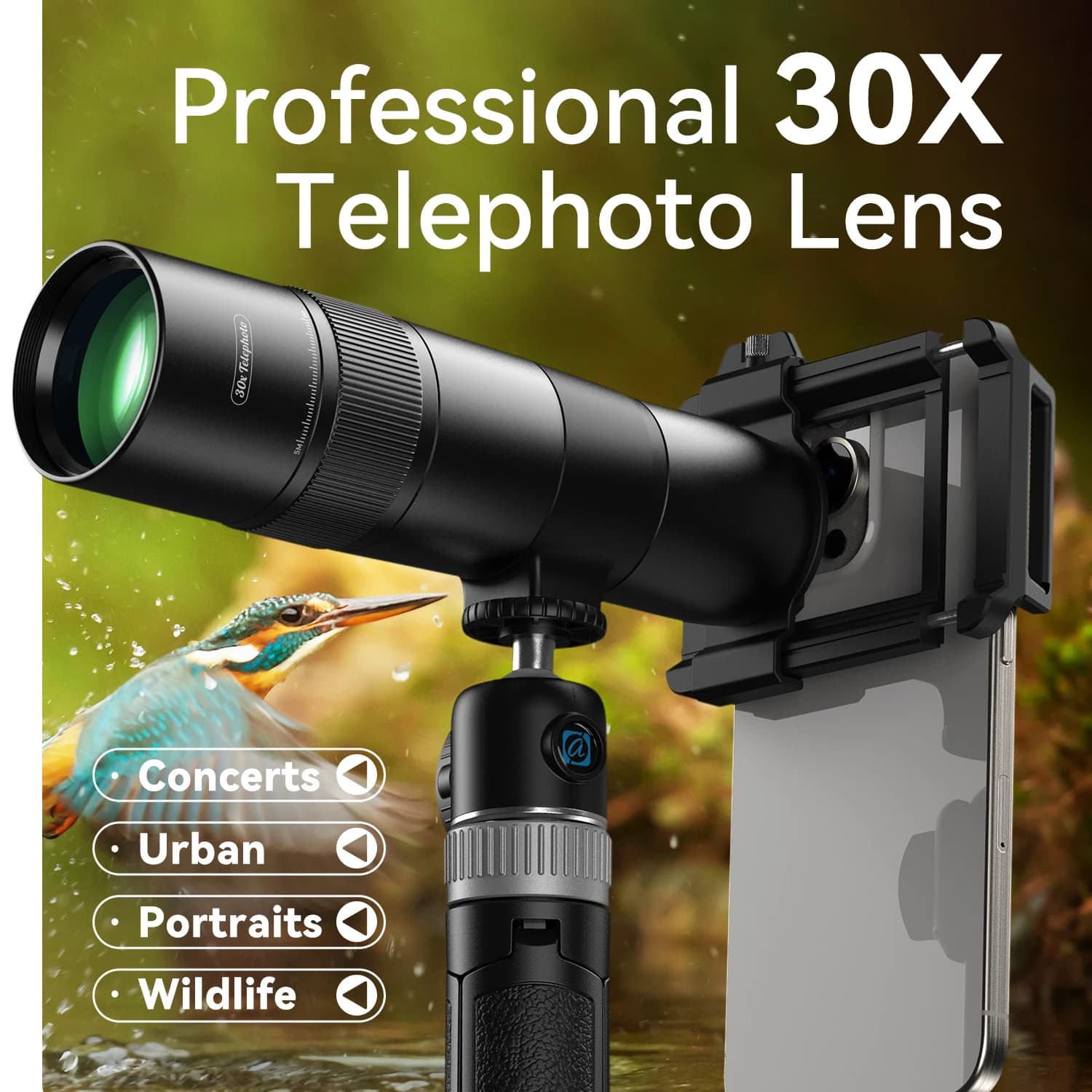 APEXEL 30x Ultra Teleobiettivo Monoculare Telefono Universale Telescopio Professionale con Treppiede per Viaggi Campeggio Bird-watching
