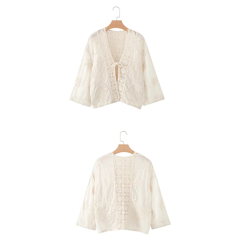 Guobioziy Women's Crochet Cardigan 2026 Spring and Autumn Collection Off-White Tie Detail European-Style Casual Everyday Fashion