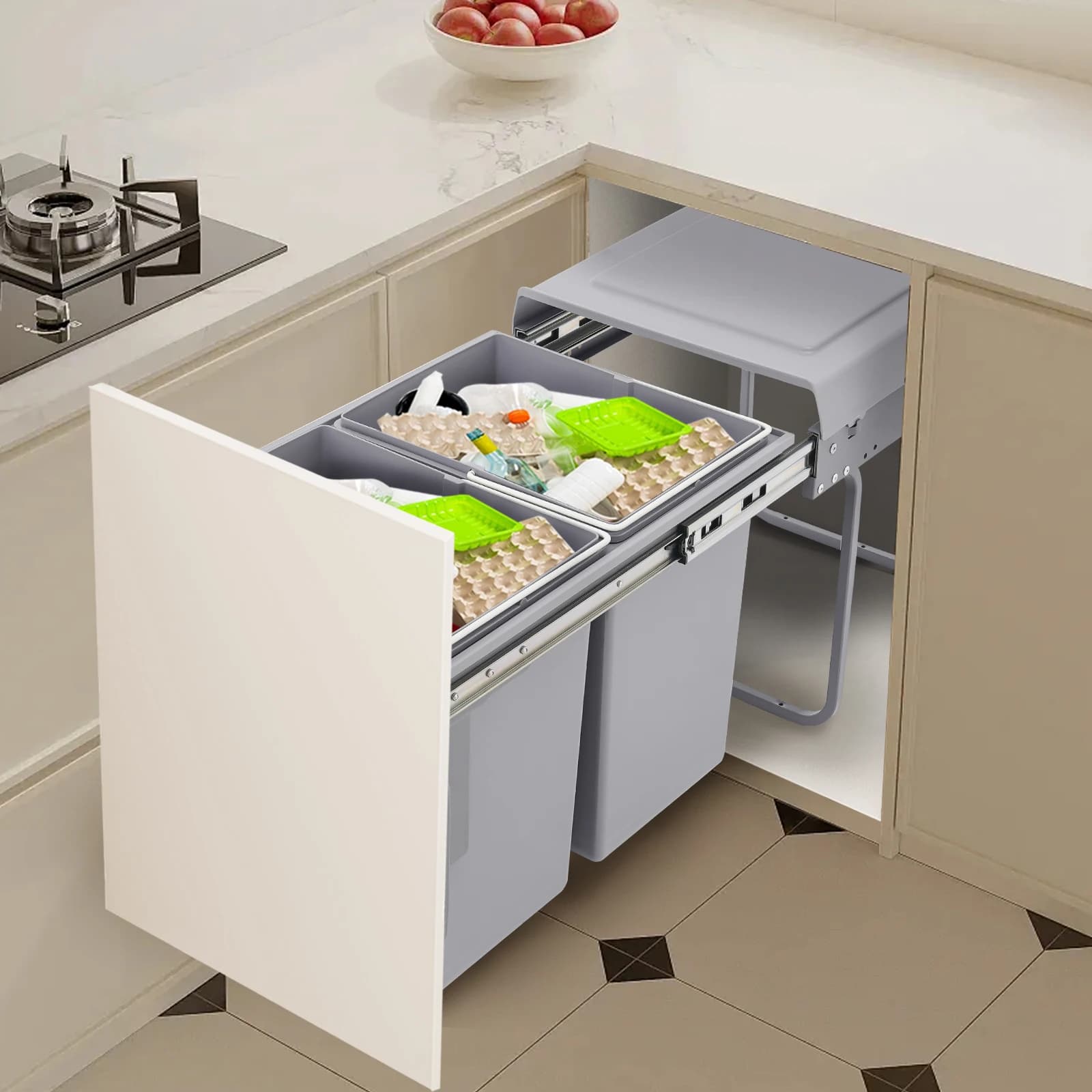 Pattumiera da Cucina Estraibile Doppia da 40L, Contenitori per Riciclaggio Scorrevoli, Acciaio Inossidabile Facile da Installare, Cestino per Rifiuti Salvaspazio Grigio