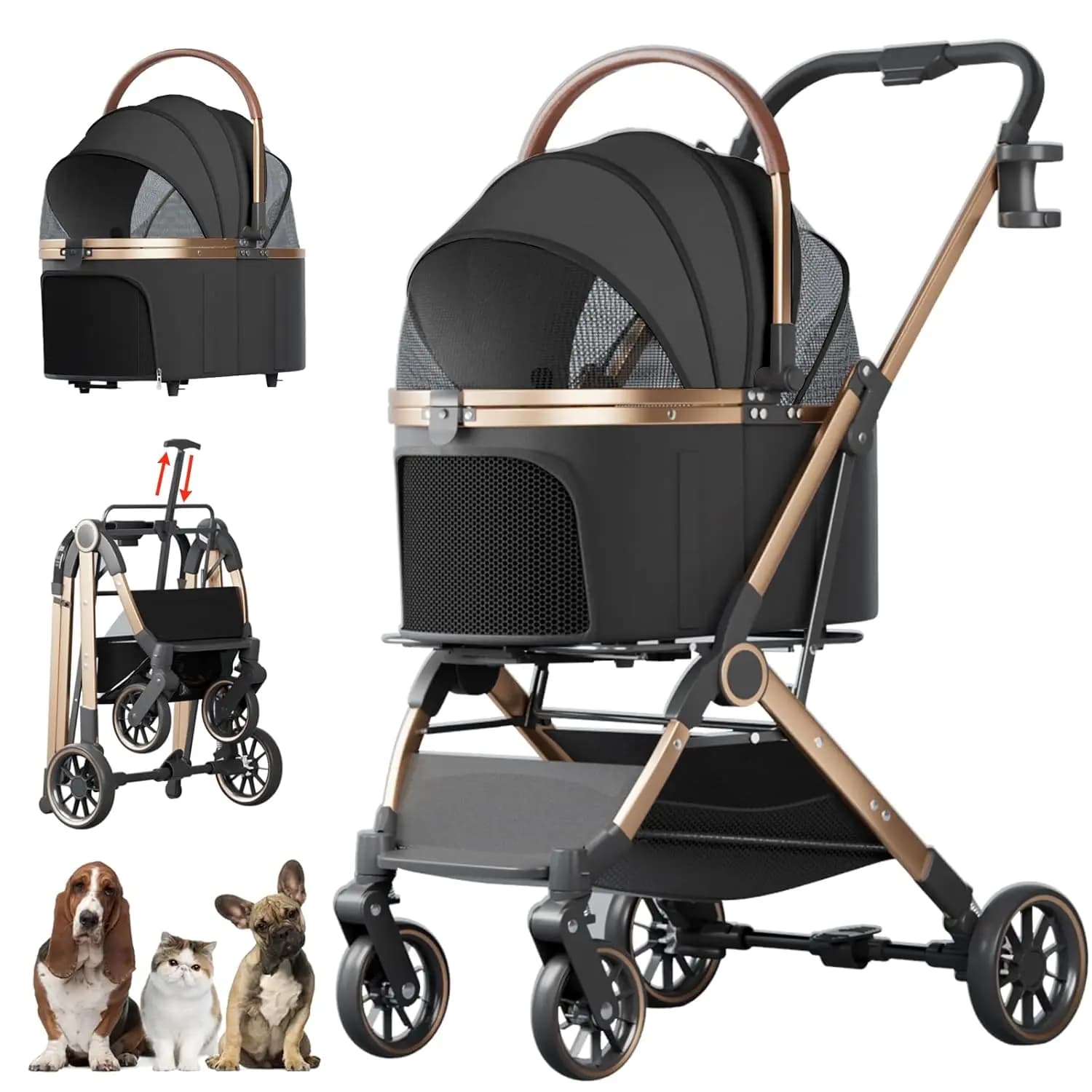 4 Wheels Pet Stroller for Small Medium Dogs Cats Up to 45 lbs Folding Dog Stroller with Detachable Breathable Carrier Suitable f