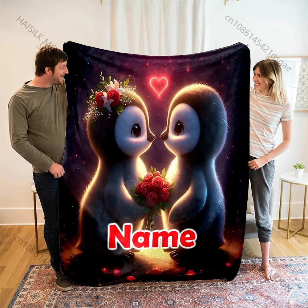 Due piccoli pinguini Amore Stampa Coperta con nome personalizzato Coperta calda e morbida per divano letto Viaggi Campeggio Picnic RV Regalo per bambini