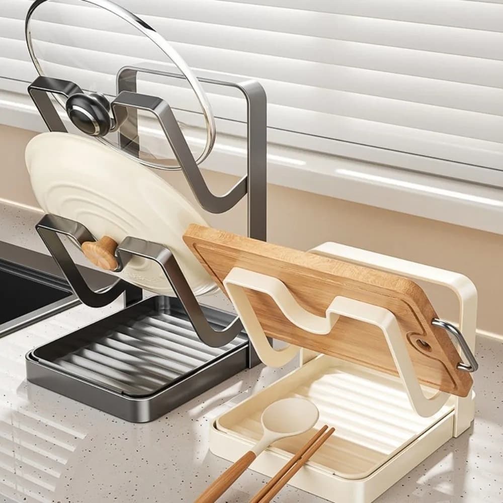 Double Layer Pot Lid Rack Non-Slip Large Capacity Cutting Board Holder U-Groove Draining Pot Lid Organizer Countertop Storage