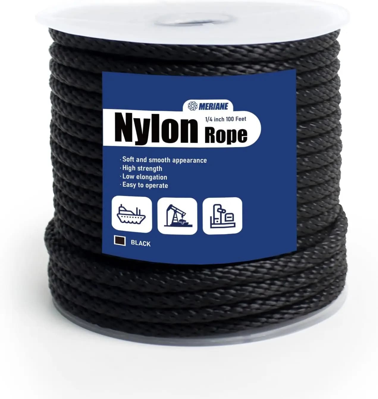 Corda in nylon intrecciato solido 1/4" x 100ft – Multiuso per campeggio, nautica, stendibiancheria – Resistente ai raggi UV e all'abrasione