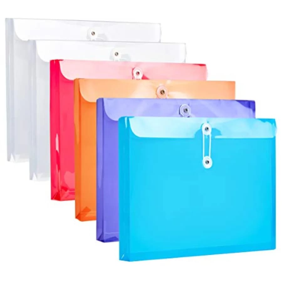 Plastic Letter Size Envelopes with Button and String Tie Closure, 1-1/6" Expansion, Side Load, Clear Poly Reusable File Folders