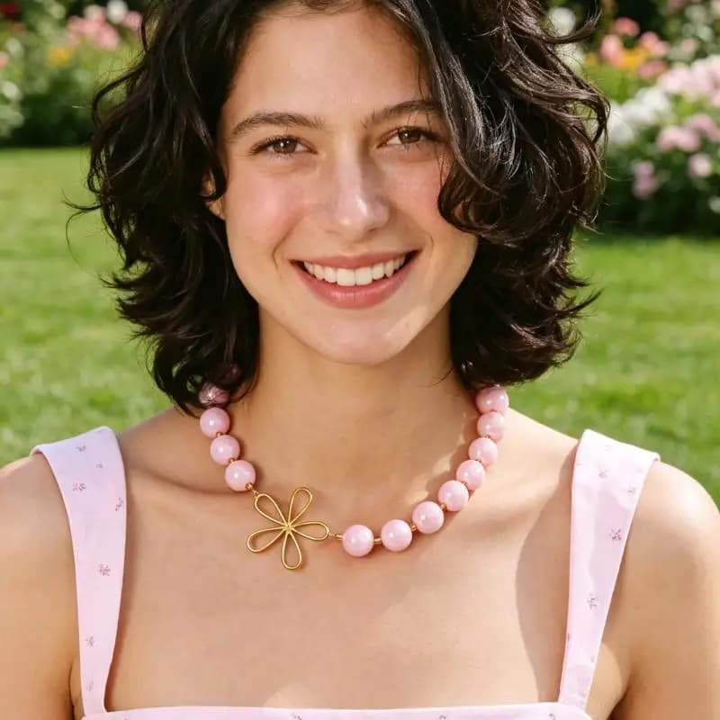 Pink Iridescent Beaded Necklace with Openwork Flower Motif and Seed Beads