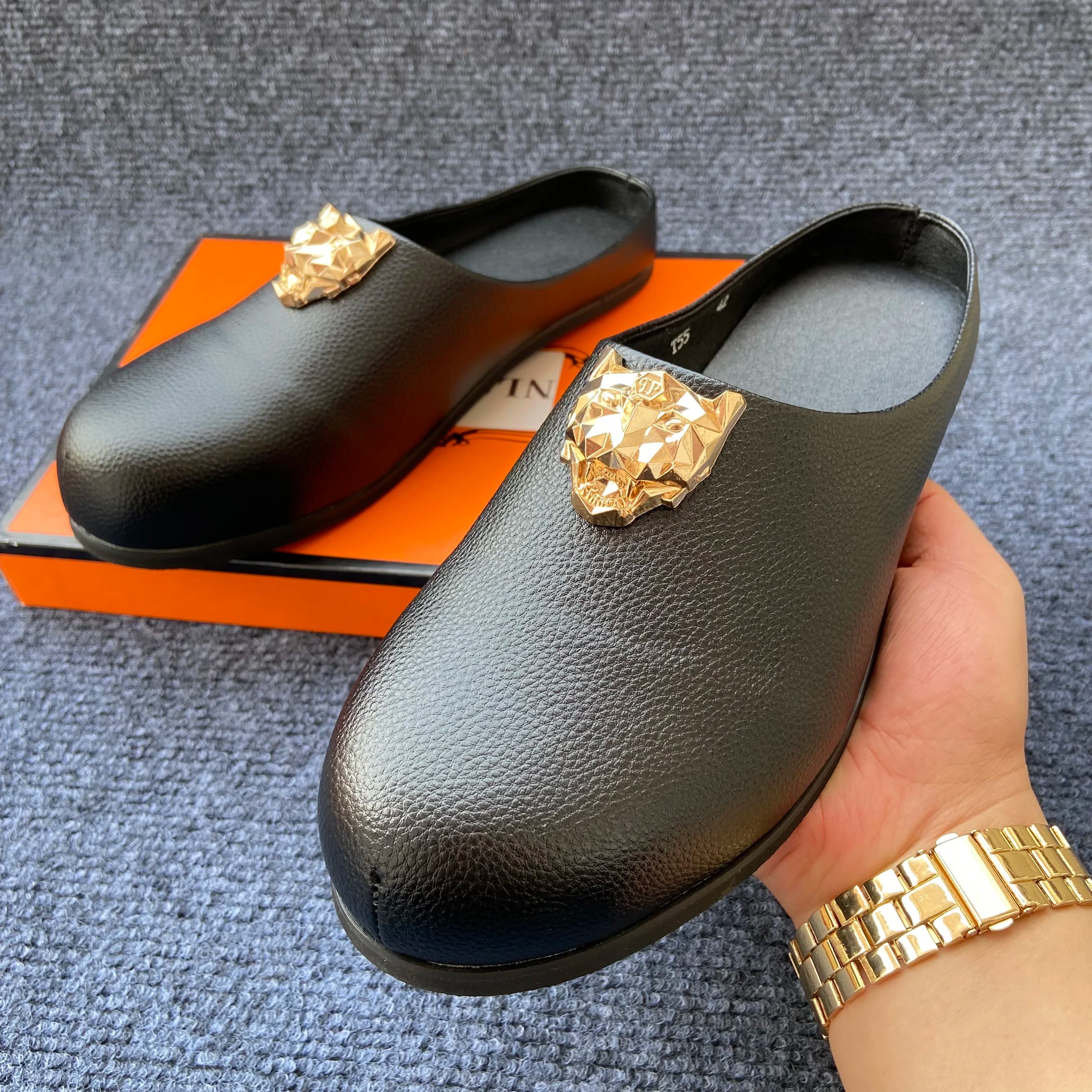original shoe mens mules half cover shoes man black house slippers for male designer slides luxury menswear shoes chinelo slide