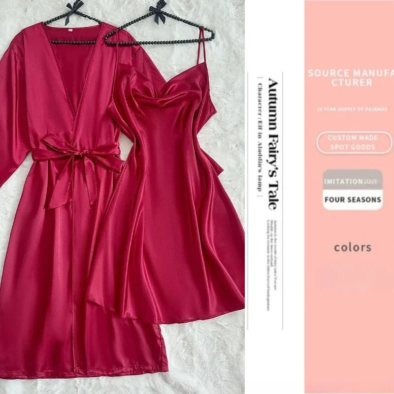 2pcs Bathrobe Set Big Size Women Robe Gown Suit V-Neck Kimono Nightgown Lingerie Spring Summer Satin Sleepwear Home Clothes