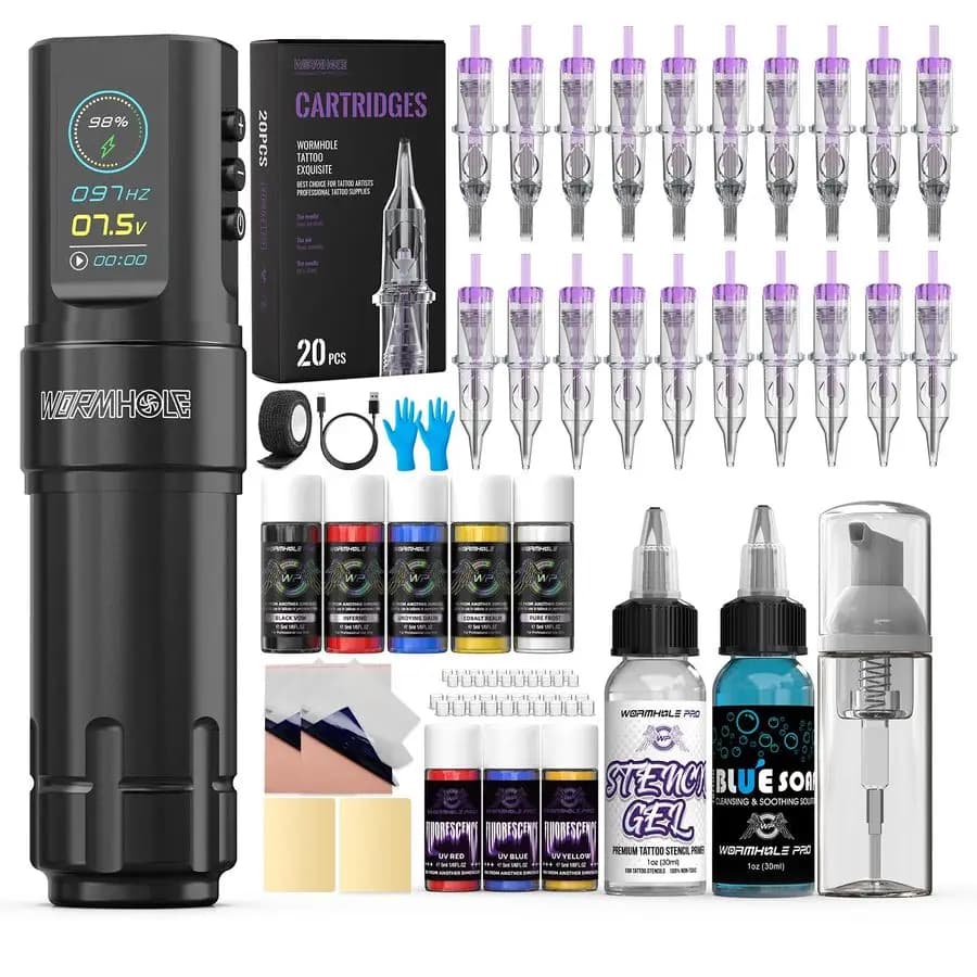 Kit per Tatuaggi Wireless con Batteria da 1800mAh, Modalità di Avvio Rapido, Timer e Funzione di Memoria, Kit Completo per Principianti