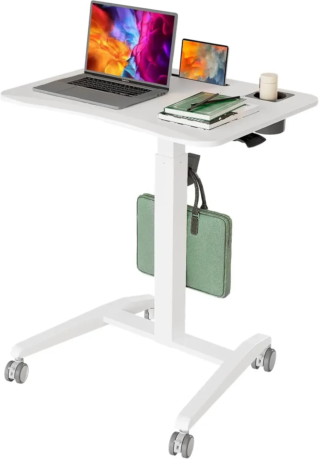 Scrivania mobile regolabile in altezza, scrivania per laptop con ruote, scrivania portatile sit-stand da 27 pollici con ruote e gancio, pneumatica C
