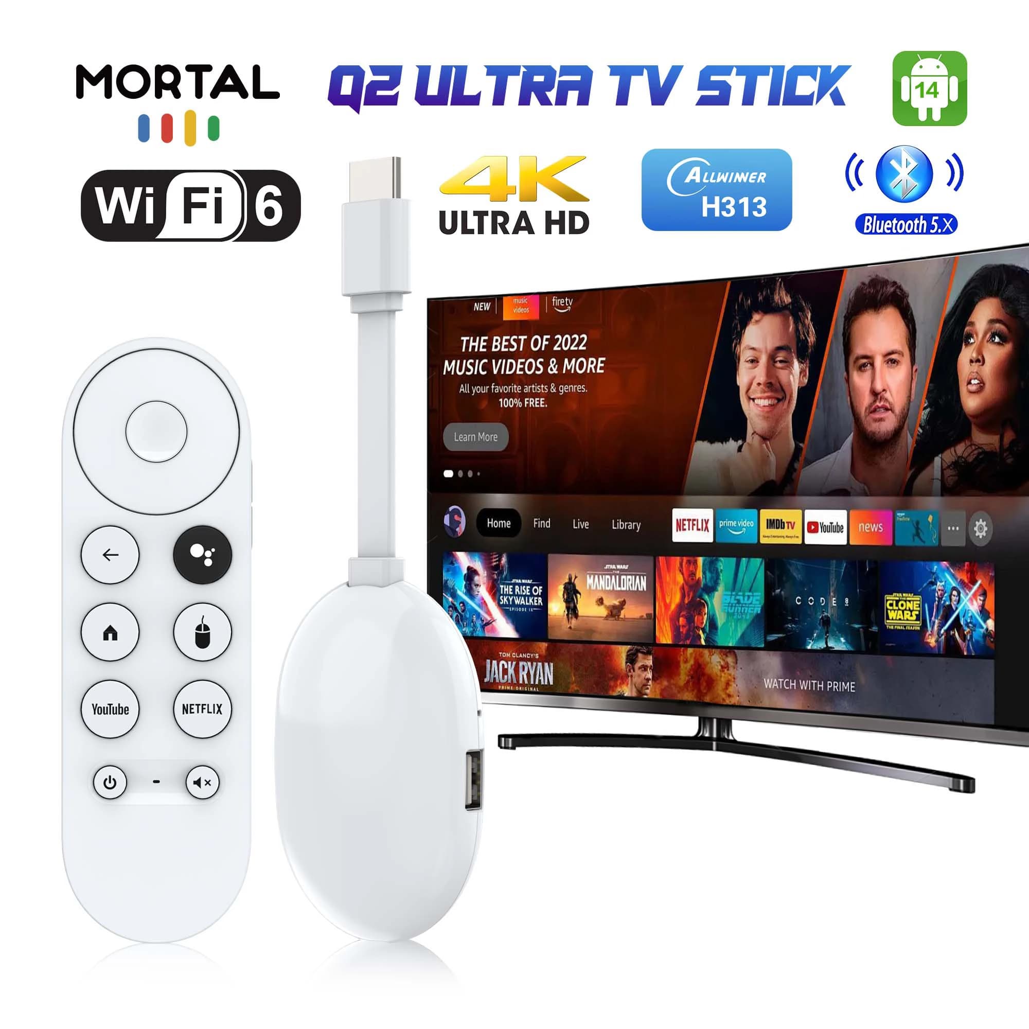 Chiavetta TV Android 14 Wifi6 Mortal Q2 ultra Allwinner H313 Smart 4K Home theater Bluetooth Telecomando vocale 2G8G16G