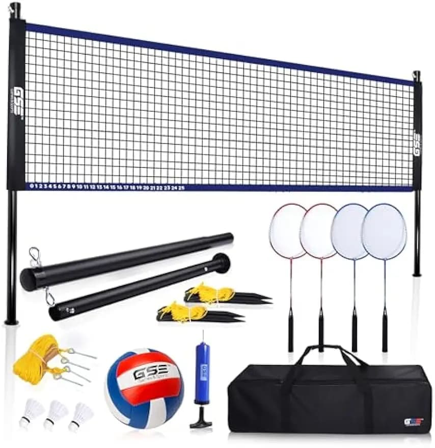 Set combined volleyball and outdoor badminton for courtyard, park, beach - Includes network, poles, rackets