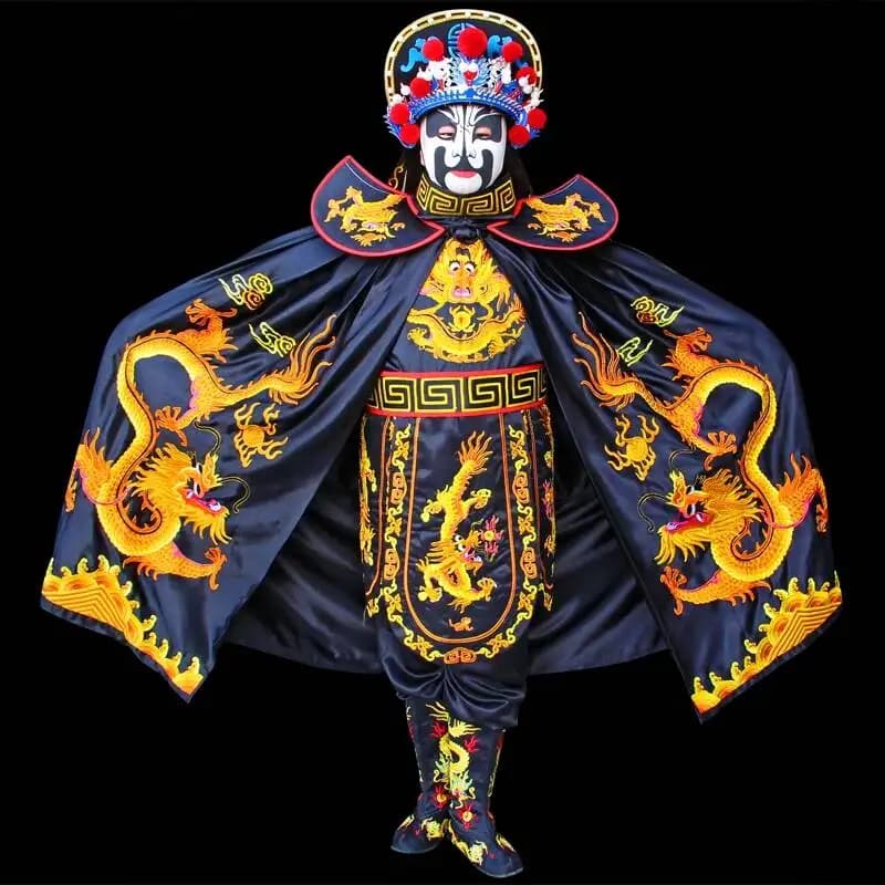 Traditional Chinese Sichuan Opera Face Changing Costume Black Golden Dragon Embroidery Full Set with Headgear Boots Fan