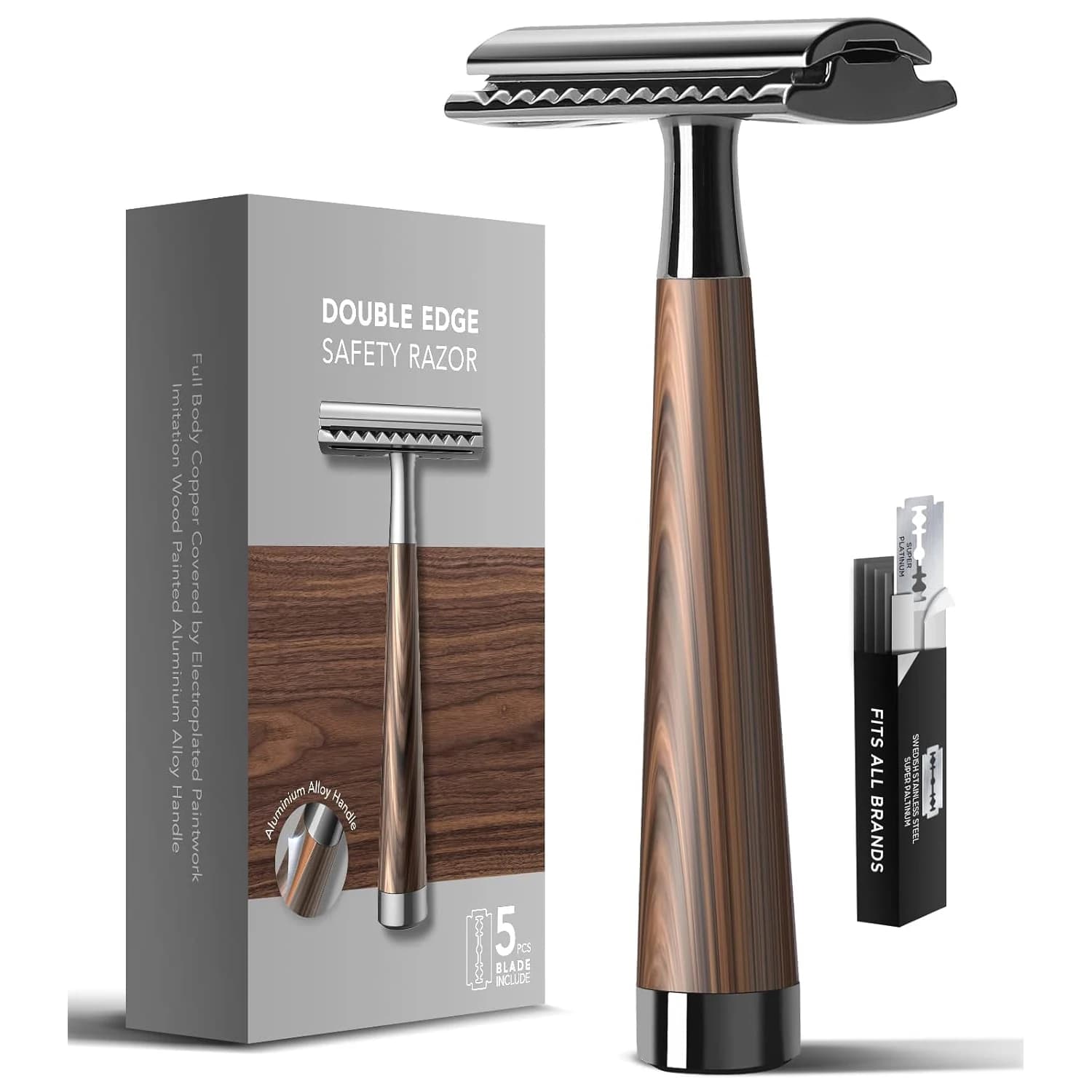 Double Edge Safety Razor, Wood Grain Handle Handle Razor with 5 Stainless Steel Blades, Heavy Duty Eco-Friendly Razor F