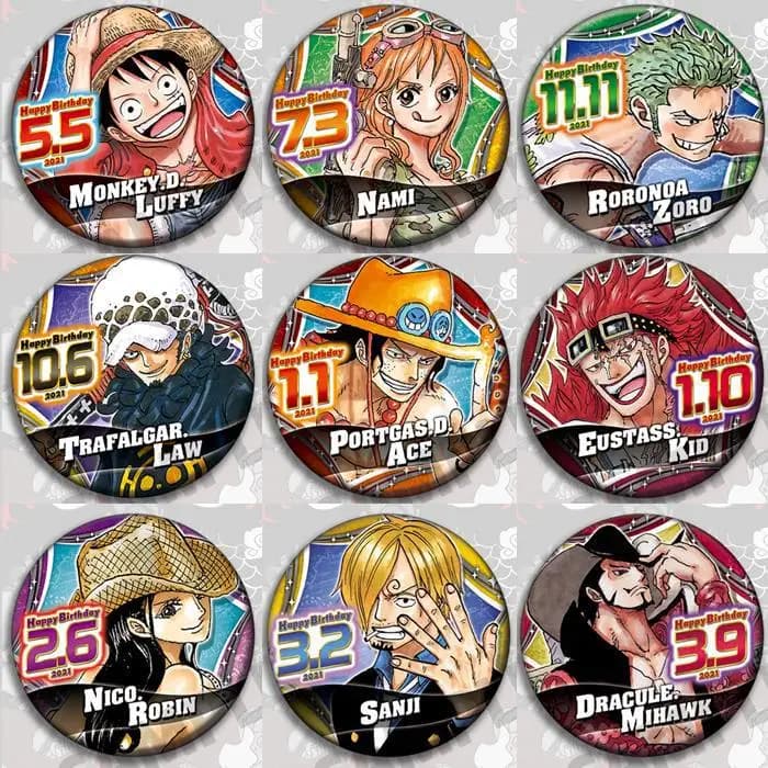 Set di spille per badge anime One Piece Rufy Ace Zoro Robin Sanji Accessori per zaino Regalo di compleanno Merce prodotta in Cina