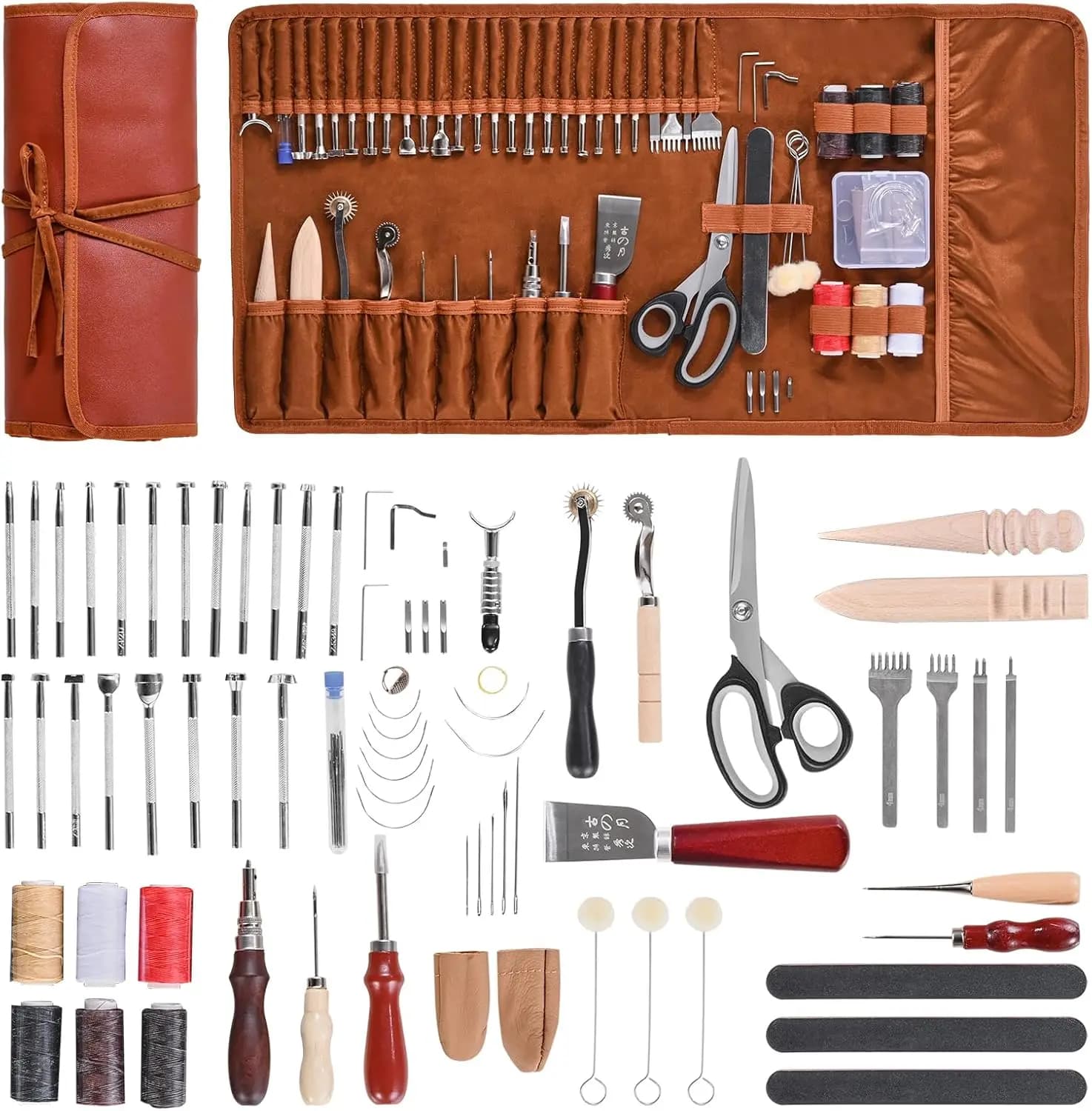 72-piece leather processing kit with case, sewing and punching tools for beginners and DIY professionals