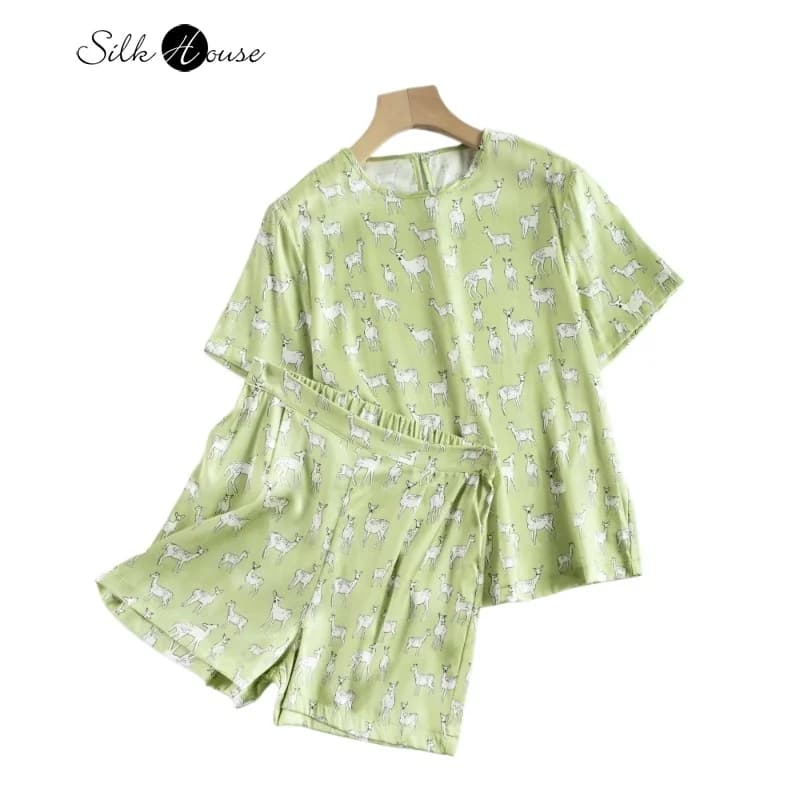 22MM 93% seta di gelso naturale Elastina Raso Casual Stampa cervo Giallo Verde T-shirt a maniche corte Pantaloncini Set estivo da donna