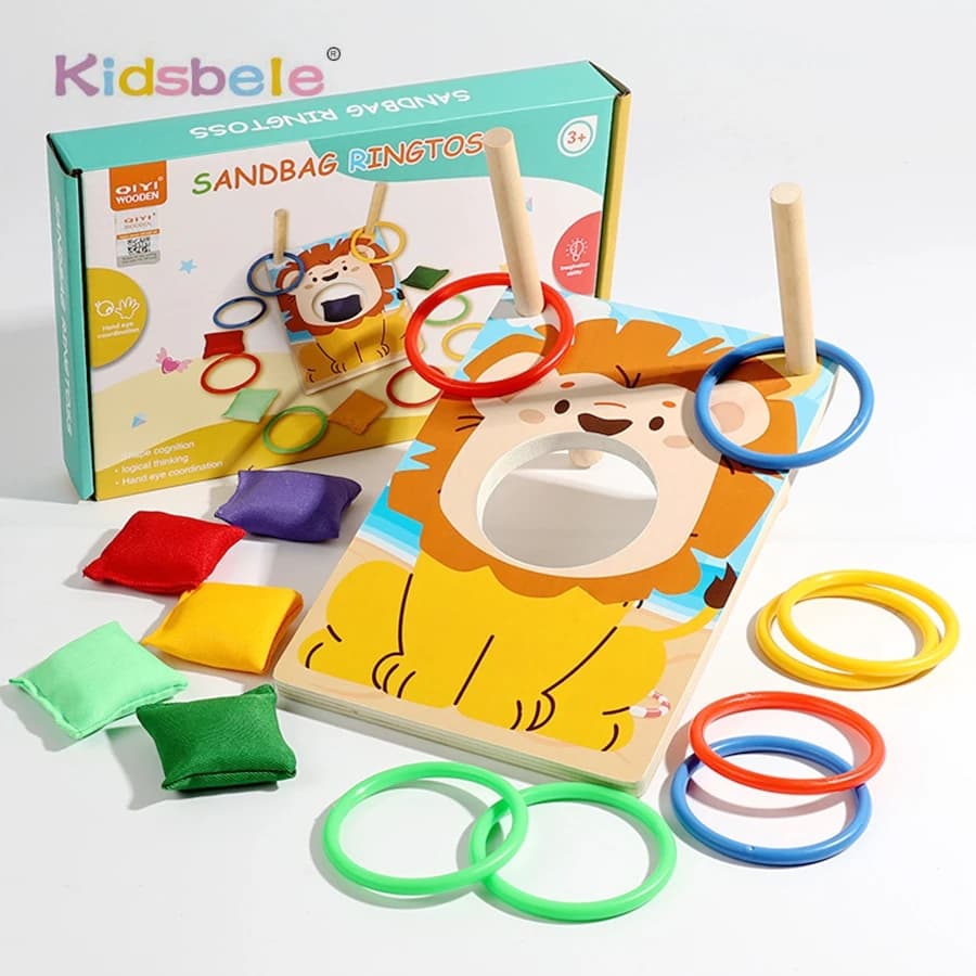 Montessori Bambini Anello di Legno Lancio Gioco di Sacchi di Sabbia 2 in 1 Coordinazione occhio-mano Abilità Gioco di Puzzle Multigiocatore Giocattolo per Interni ed Esterni